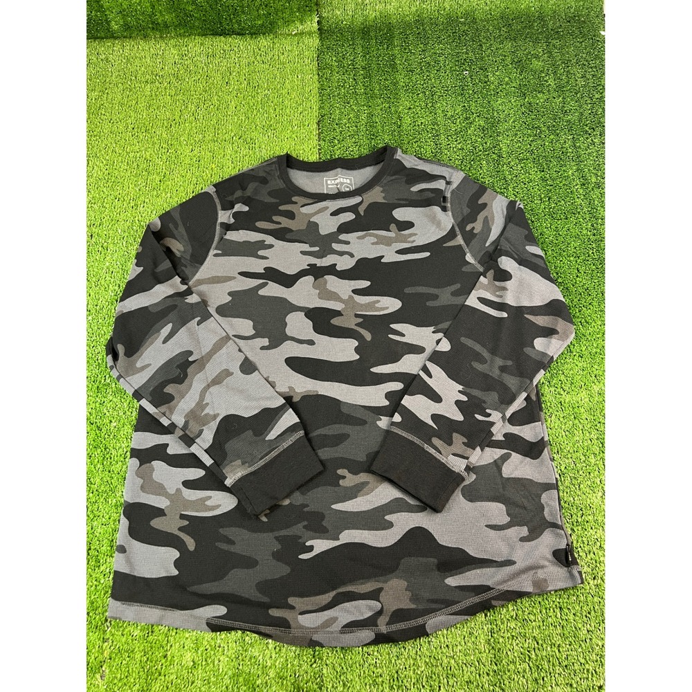 Express Mens Large Camo Waffle Knit Thermal Long Sleeve Shirt Grey Black LG